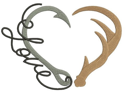 Fishing Hooks with Antlers Hunting Love Filled machine embroidery digitized design pattern - Instant Download -4x4 , 5x7, and 6x10 hoops
