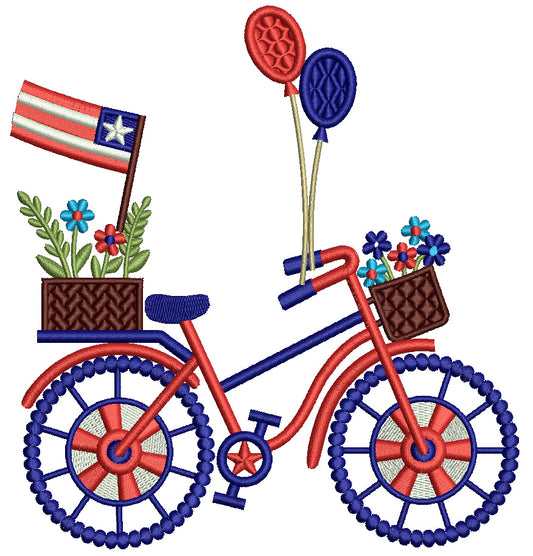 Flag Turned Left Bike With American Flag Balloons And Flowers Patriotic 4th Of July Independence Day Filled Machine Embroidery Design Digitized Pattern