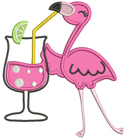 Flamingo Drinking Summer Drink Applique Machine Embroidery Design Digitized Pattern
