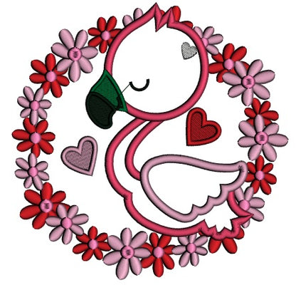 Flamingo In a Round Flower Frame Applique Machine Embroidery Design Digitized Pattern