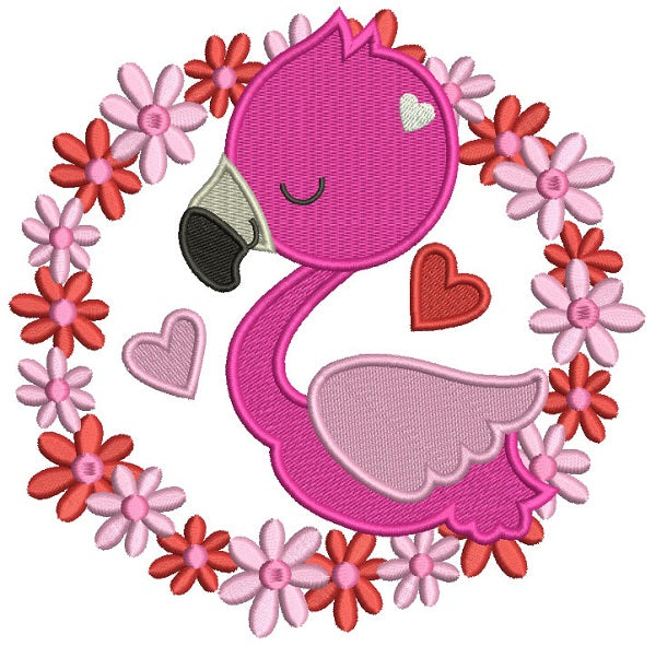 Flamingo In a Round Flower Frame Filled Machine Embroidery Design Digitized Pattern