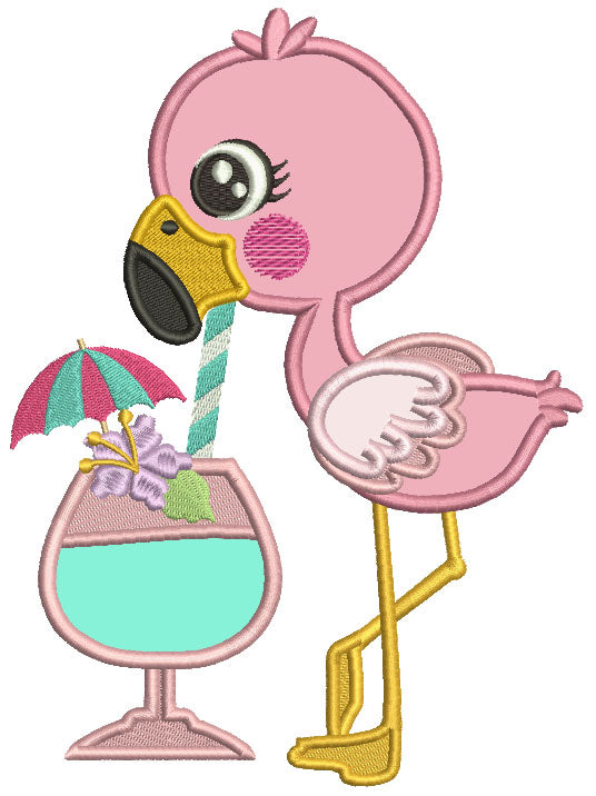 Flamingo Sipping Exotic Drink Applique Machine Embroidery Design Digitized Pattern