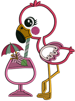 Flamingo Sipping Exotic Drink Applique Machine Embroidery Design Digitized Pattern