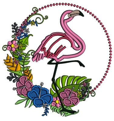 Flamingo Standing On One Foot And Flowers Applique Machine Embroidery Design Digitized Pattern