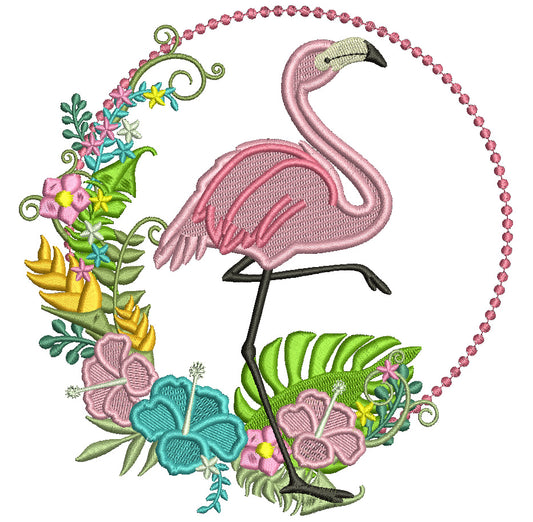 Flamingo Standing On One Foot And Flowers Filled Machine Embroidery Design Digitized Pattern