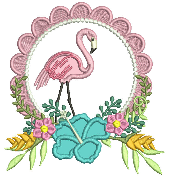 Flamingo With FLowers And Vines Applique Machine Embroidery Design Digitized Pattern
