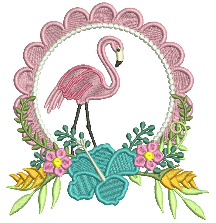 Flamingo With FLowers And Vines Filled Machine Embroidery Design Digitized Pattern