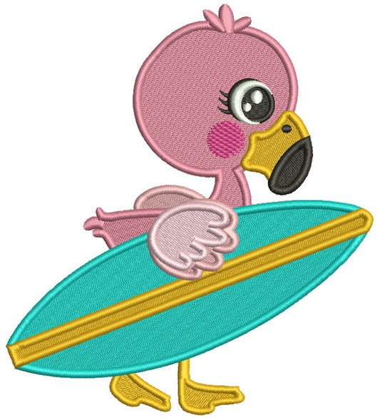 Flamingo With a Surfboard Filled Machine Embroidery Design Digitized Pattern