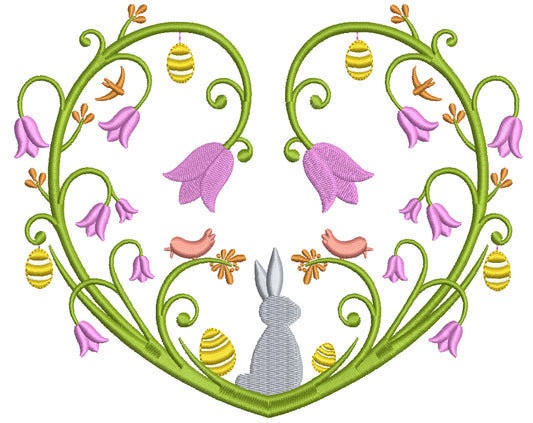 Floral Heart With Bunny Easter Filled Machine Embroidery Design Digitized Pattern