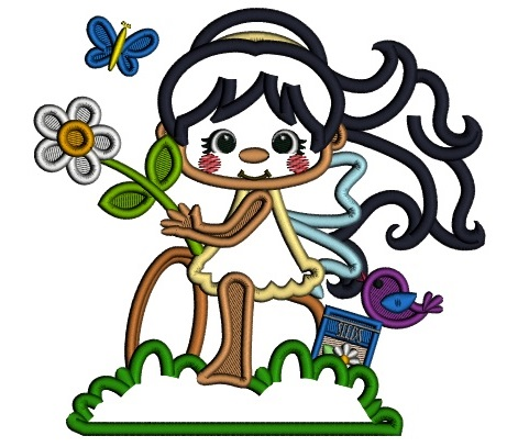 Flower Fairy Sitting On a Flower Pot Holding a Flower Applique Machine Embroidery Design Digitized Pattern