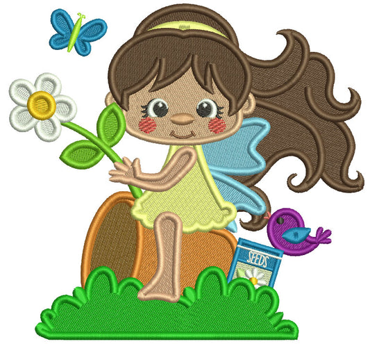Flower Fairy Sitting On a Flower Pot Holding a Flower Filled Machine Embroidery Design Digitized Pattern