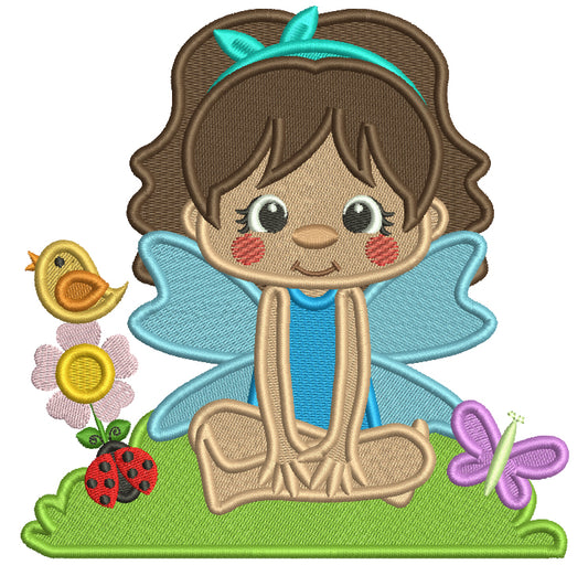 Flower Fairy With Flowers and a Bird Filled Machine Embroidery Design Digitized Pattern