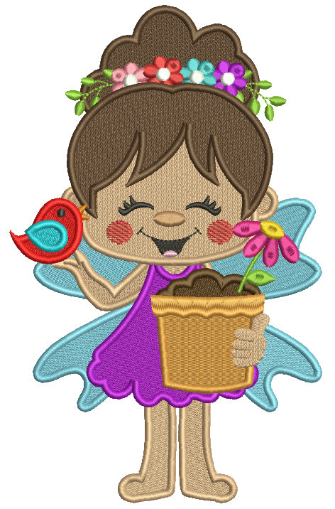 Flower Fairy With a Flower Pot Filled Machine Embroidery Design Digitized Pattern