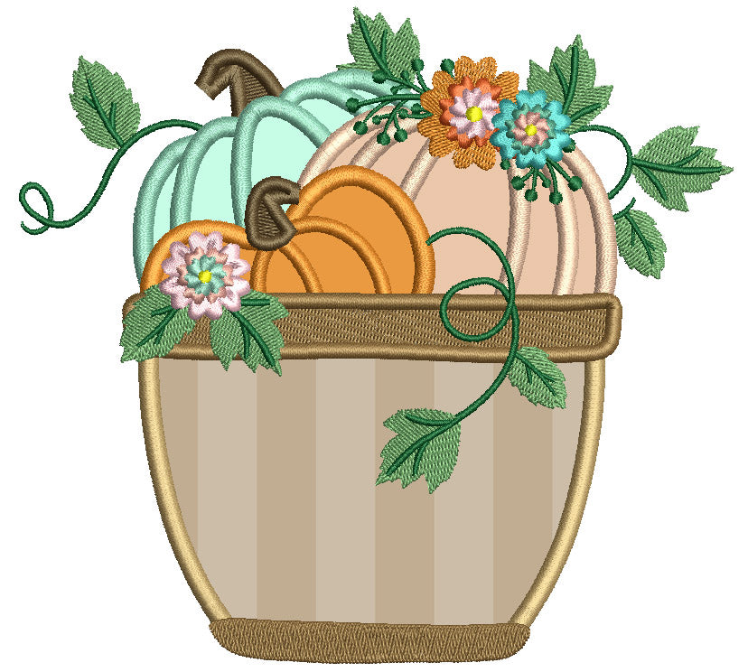 Flower Pot Full Of Pumpkins Fall Applique Machine Embroidery Design Digitized Pattern