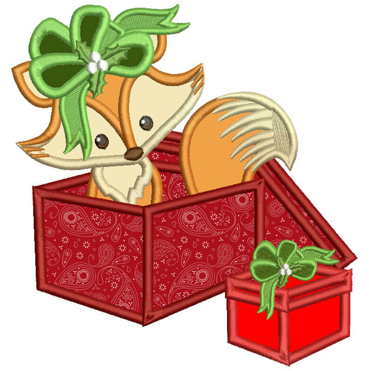 Fox In The Box With Big Hair Bow Christmas Applique Machine Embroidery Design Digitized Pattern