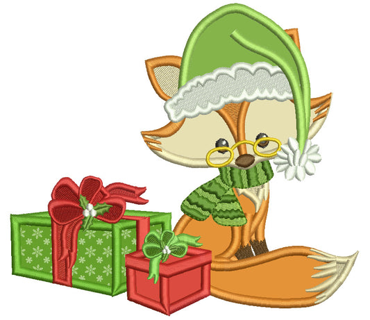 Fox Wearing Glasses WIth Christmas Presents Applique Machine Embroidery Design Digitized Pattern