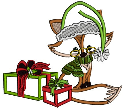 Fox Wearing Glasses WIth Christmas Presents Applique Machine Embroidery Design Digitized Pattern