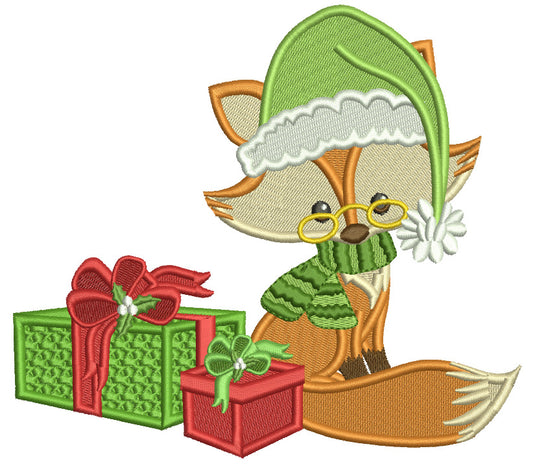 Fox Wearing Glasses WIth Christmas Presents Filled Machine Embroidery Design Digitized Pattern