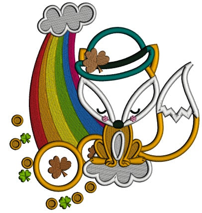 Fox Wearing Hat With Shamrock Sitting Next To Rainbow And Golden Coin St. Patrick's Day Applique Machine Embroidery Design Digitized Pattern