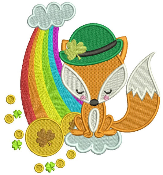 Fox Wearing Hat With Shamrock Sitting Next To Rainbow And Golden Coin St. Patrick's Day Filled Machine Embroidery Design Digitized Pattern