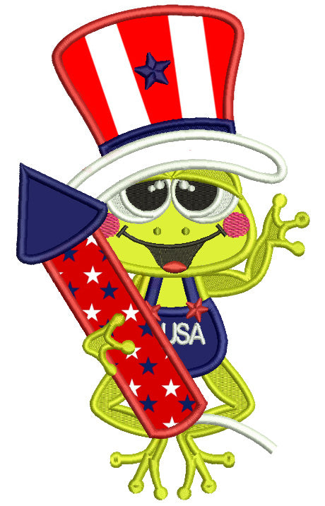 Frog Holding Big Firecracker Rocket 4th Of July Patriotic Applique Machine Embroidery Design Digitized Pattern