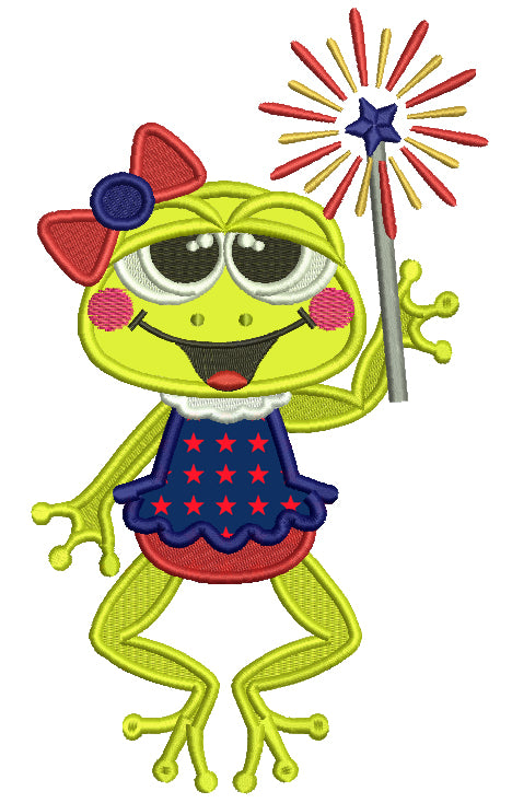 Frog Holding Firecracker 4th Of July Patriotic Applique Machine Embroidery Design Digitized Pattern