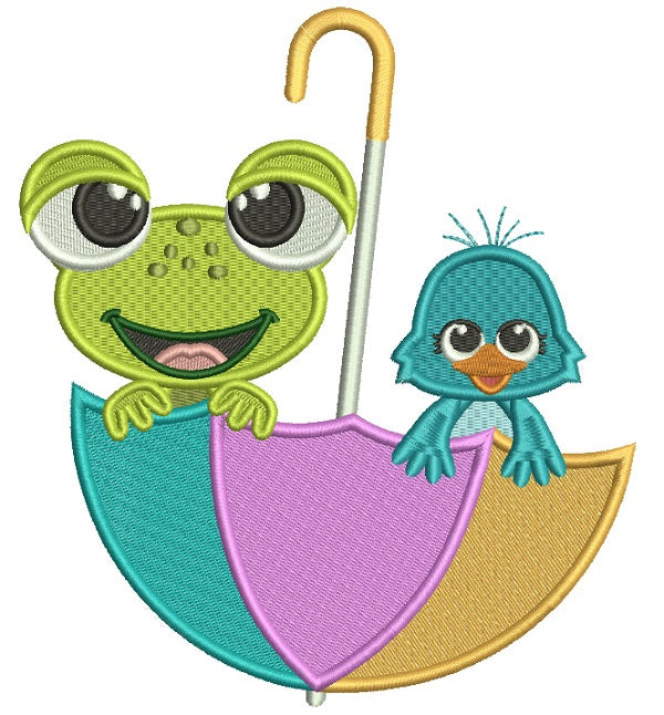 Froggy And a Chick Sitting Inside Umbrella Filled Machine Embroidery Digitized Design Pattern