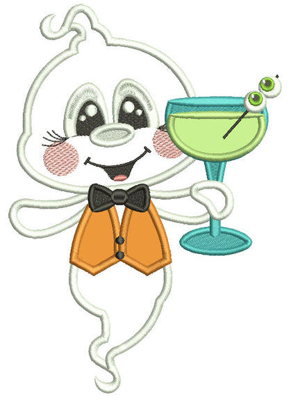 Ghost Holding Martini With Eyes Applique Machine Embroidery Design Digitized Pattern
