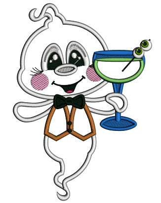 Ghost Holding Martini With Eyes Applique Machine Embroidery Design Digitized Pattern