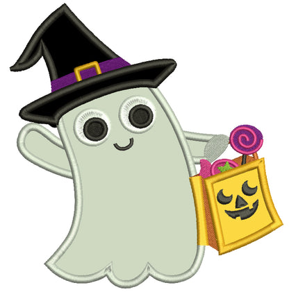 Ghost Wearing Witch Hat Halloween Applique Machine Embroidery Digitized Design Pattern