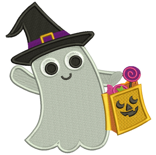 Ghost Wearing Witch Hat Halloween Filled Machine Embroidery Digitized Design Pattern