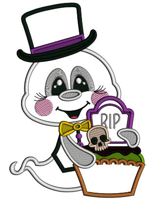Ghost With Big Hat Holding Halloween Basket Applique Machine Embroidery Design Digitized Pattern