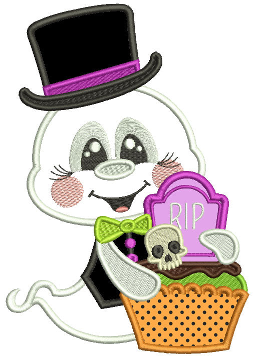 Ghost With Big Hat Holding Halloween Basket Applique Machine Embroidery Design Digitized Pattern