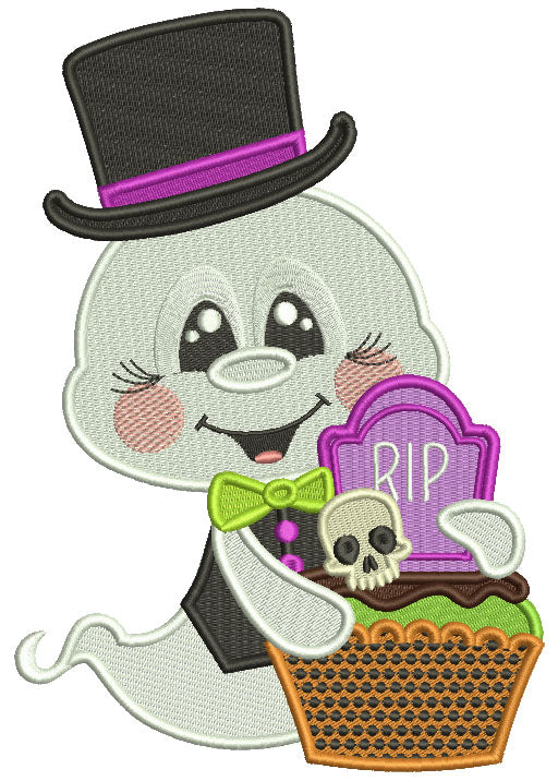 Ghost With Big Hat Holding Halloween Basket Filled Machine Embroidery Design Digitized Pattern