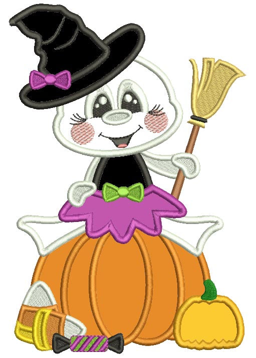 Ghost Wizard Sitting On a Pumpkin Halloween Applique Machine Embroidery Design Digitized Pattern