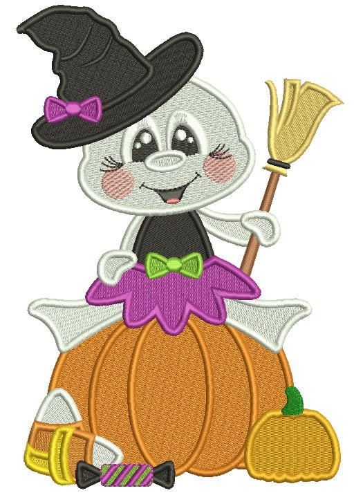 Ghost Wizard Sitting On a Pumpkin Halloween Filled Machine Embroidery Design Digitized Pattern