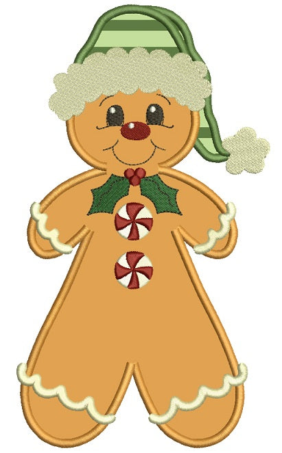 Ginger Bread Girl Wearing Santa Hat Christmas Applique Machine Embroidery Design Digitized Pattern
