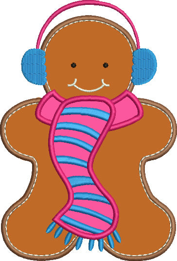 Ginger Bread Man With a Scarf Christmas Applique Machine Embroidery Digitized Design Pattern