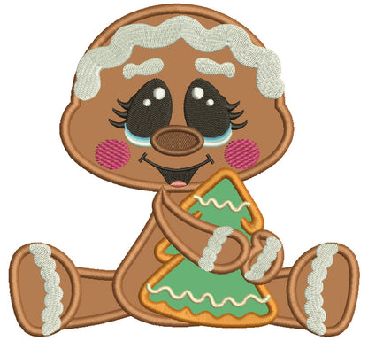 Gingerbread Baby Holding Christmas Tree Cookie Applique Machine Embroidery Design Digitized Pattern