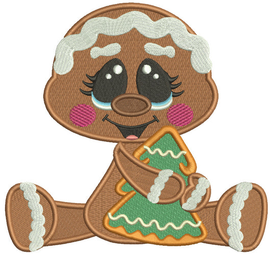Gingerbread Baby Holding Christmas Tree Cookie Filled Machine Embroidery Design Digitized Pattern