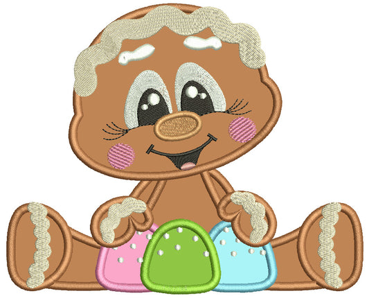 Gingerbread Baby With Candy Christmas Applique Machine Embroidery Design Digitized Pattern