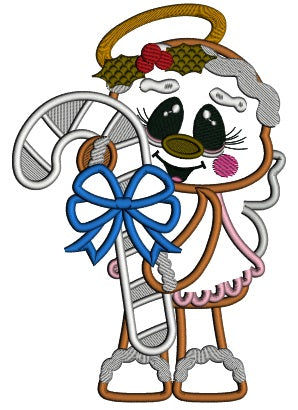 Gingerbread Girl Angel Holding Candy Cane Applique Christmas Machine Embroidery Design Digitized Pattern