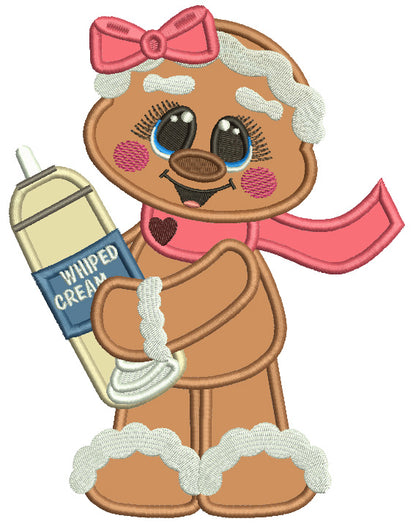 Gingerbread Girl Holding Can Of Whip Cream Christmas Applique Machine Embroidery Design Digitized Pattern
