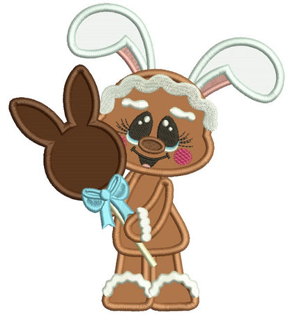 Gingerbread Girl Holding Chocolate Easter Candy Applique Machine Embroidery Design Digitized