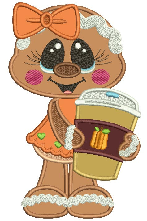 Gingerbread Girl Holding Cup With Apple Cider Fall Thanksgiving Applique Machine Embroidery Design Digitized Pattern