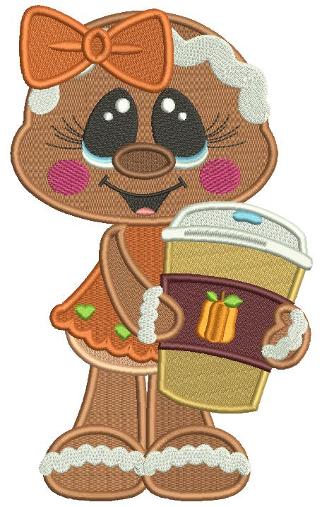Gingerbread Girl Holding Cup With Apple Cider Fall Thanksgiving Filled Machine Embroidery Design Digitized Pattern