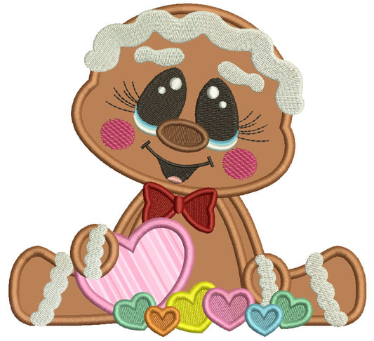 Gingerbread Girl Holding Heart Valentine's Day Applique Machine Embroidery Design Digitized Pattern