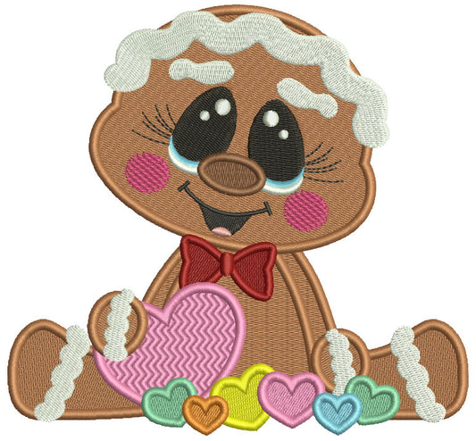 Gingerbread Girl Holding Heart Valentine's Day Filled Machine Embroidery Design Digitized Pattern
