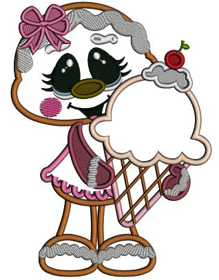 Gingerbread Girl Holding Huge Ice Cream Cone Applique Machine Embroidery Digitized Design Pattern