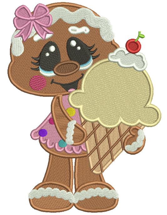 Gingerbread Girl Holding Huge Ice Cream Cone Filled Machine Embroidery Digitized Design Pattern